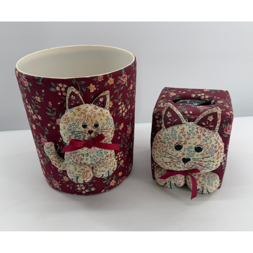 Cat Wastebasket Tissue Box Set Burgundy Fabric Floral 3D Padded Kitten Vintage
